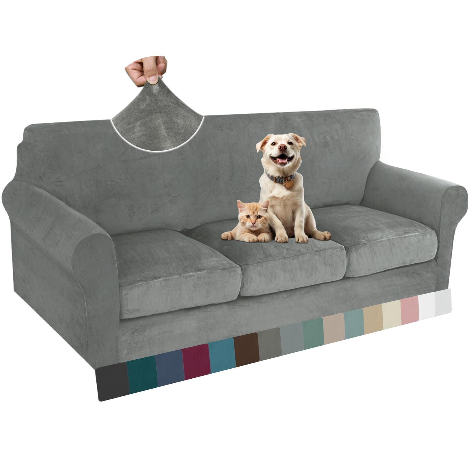 ZNSAYOTX Luxury Velvet Couch Cover, Grey, 72"-92" Stretch Sofa Protector