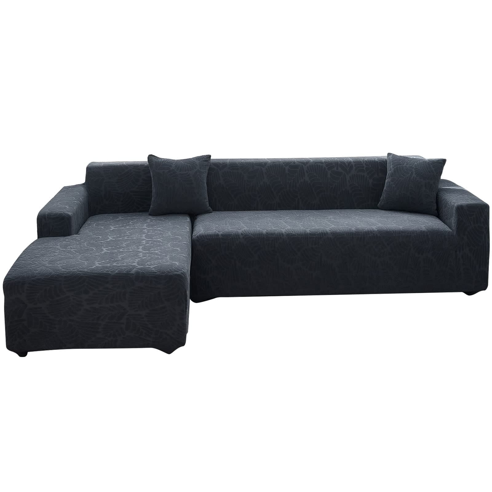 Wear-Resistant L-Shaped Couch Cover, Dark Gray B-Leaves, 2pcs + Pillowcases