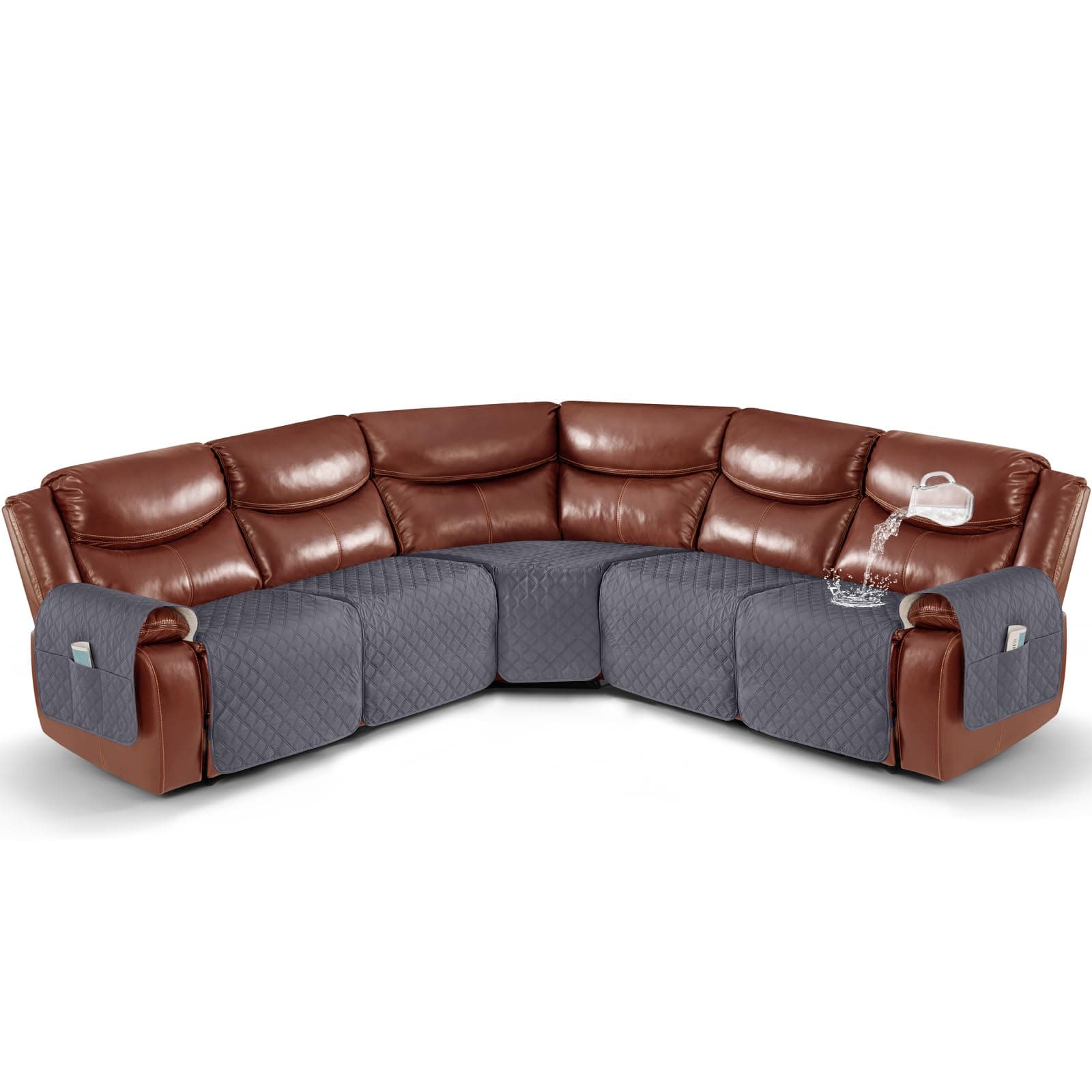 Waterproof Oversized Couch Covers for Reclining Sectional Sofas with Pockets - Dark Grey (5 Seat)