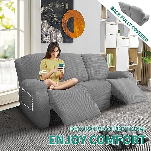 YEMYHOM Stretch Recliner Sofa Cover with Side Pocket, Light Gray, 8 Pieces