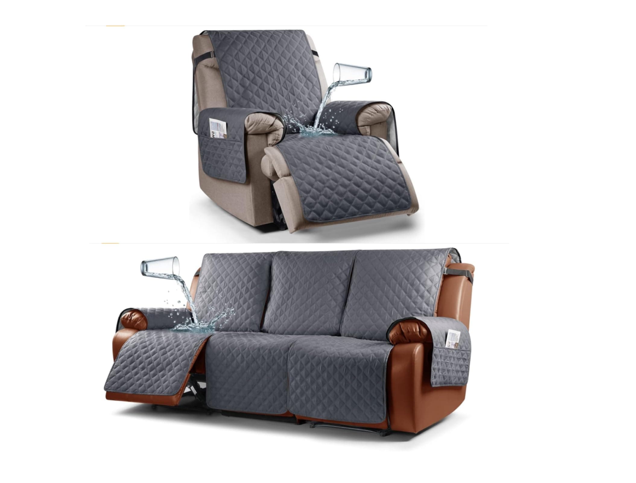 Ruaozz Dark Grey Waterproof Recliner Chair Cover with Elastic Straps Pockets