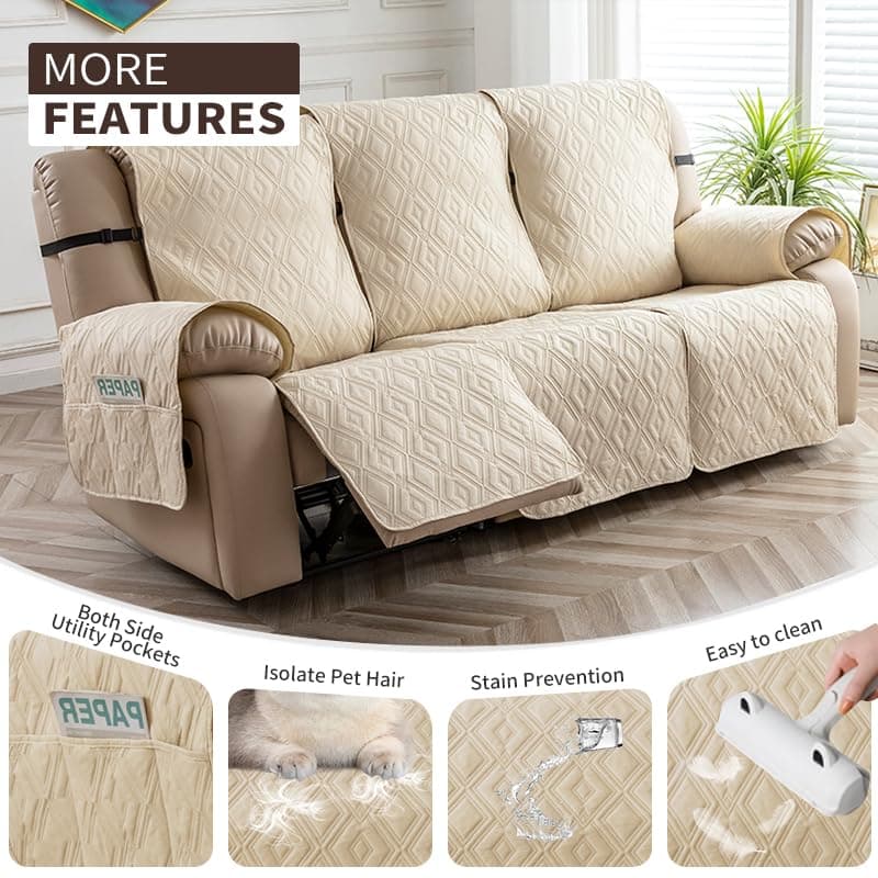 Genina Waterproof Recliner Sofa Cover, Beige, 3 Seater