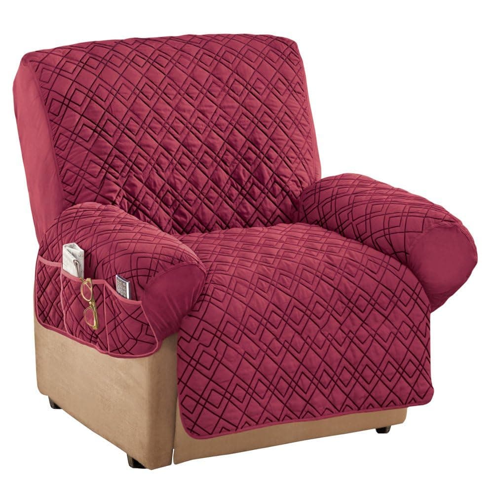 Burgundy Diamond-Shape Quilted Stretch Recliner Cover with Storage, Furniture Protector
