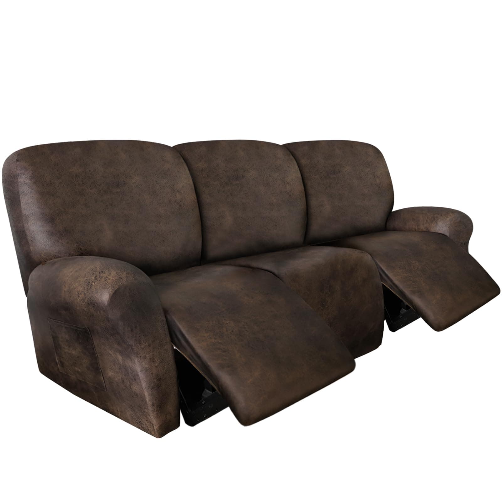 Leather Look 3-Seater Recliner Couch Cover, Brown, Spandex Fabric