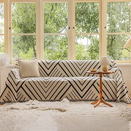 DREAMINGO Thickened Chenille Couch Cover, X-Large Brown, Multi-Use Dog and Cat Protector — B1# Beige Black