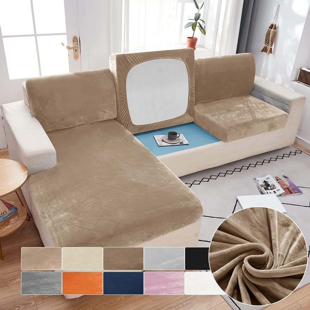 Wear-Resistant Stretch Velvet L-Shaped Sofa Cover for Left/Right Sectionals (Camel, Single Seat)