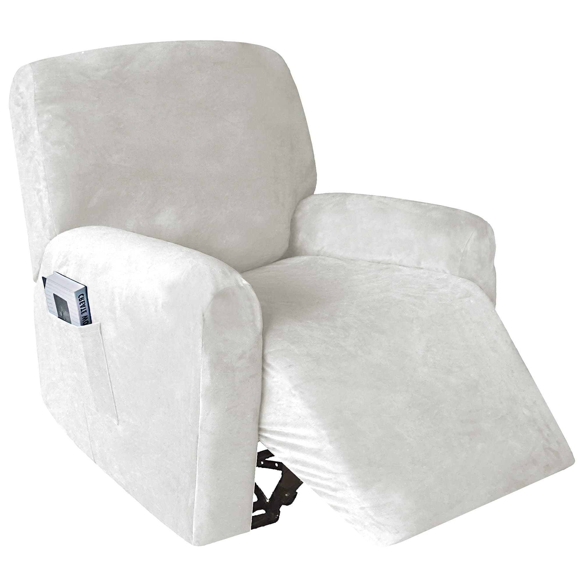 Off White Stretch Velvet Recliner Covers for Lazy Chair with Side Pocket