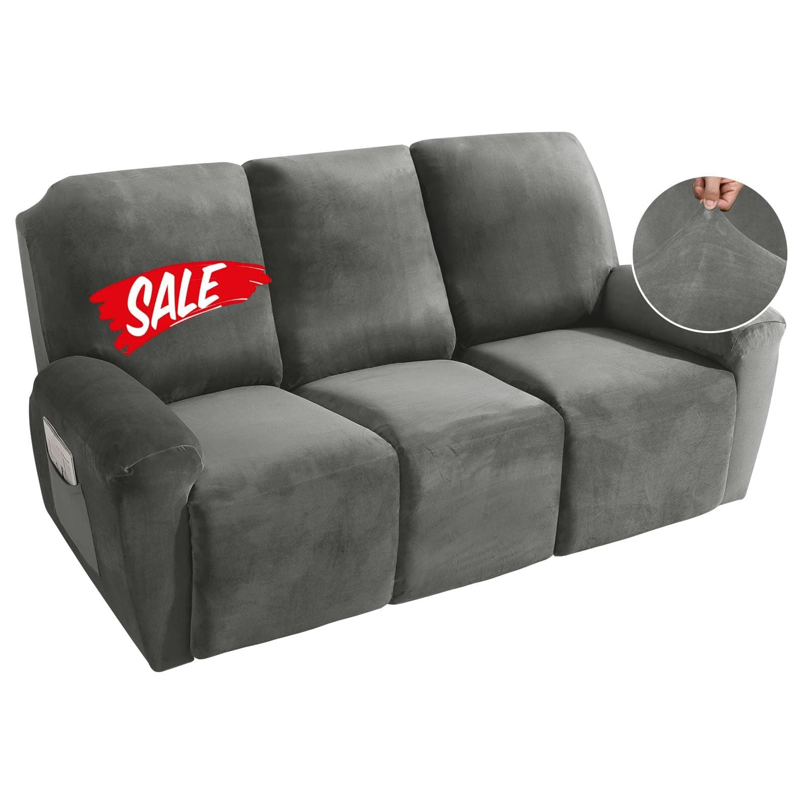 MAXIJIN Stretch Velvet Reclining Sofa Covers, 8 Pieces Grey (3 Cushion)