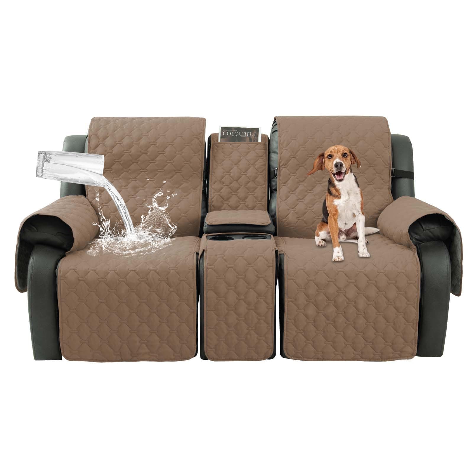 Waterproof Grayish Brown Recliner Cover with Center Console, Pet & Kids Protector