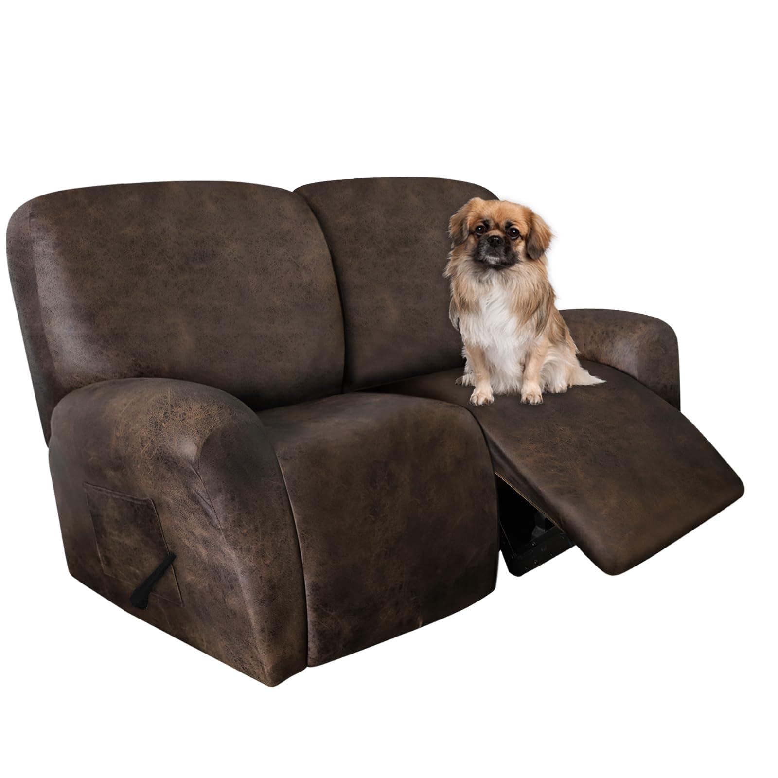 Brown Leather Look Loveseat Recliner Cover Set 6-Piece Washable Spandex Protector