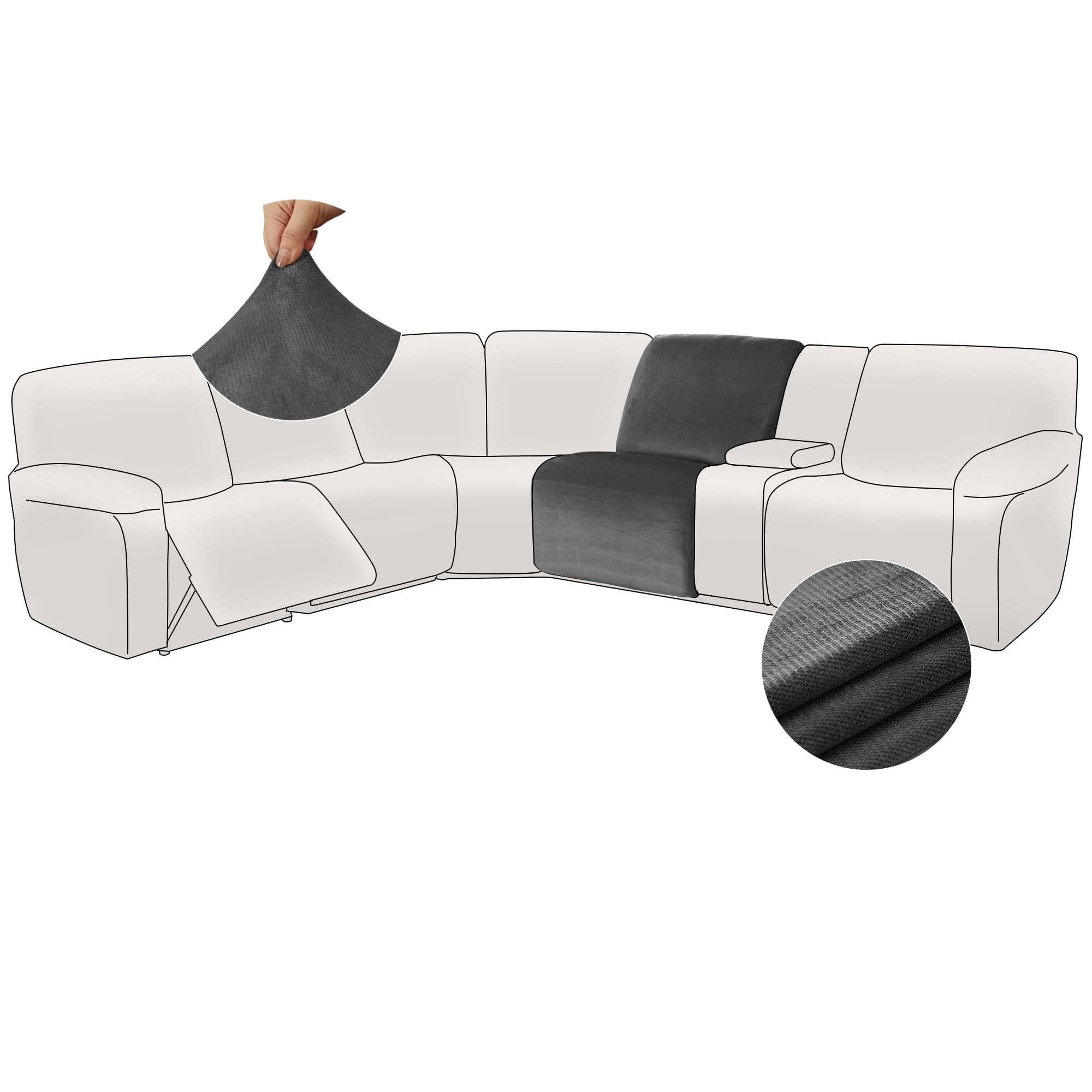 Dark Gray Stretchable Velvet Sectional Couch Cover Set (2-Piece, 1 Seat)