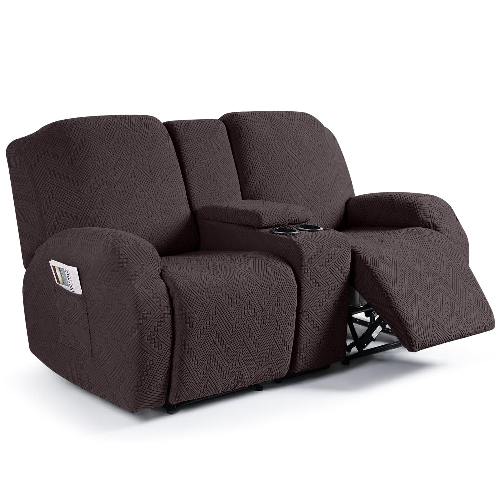 Stretch Loveseat Recliner Cover with Console - 4 Piece Sofa Cover with Pockets - Jacquard Furniture Protector for 2 Seater Couch - Chocolate
