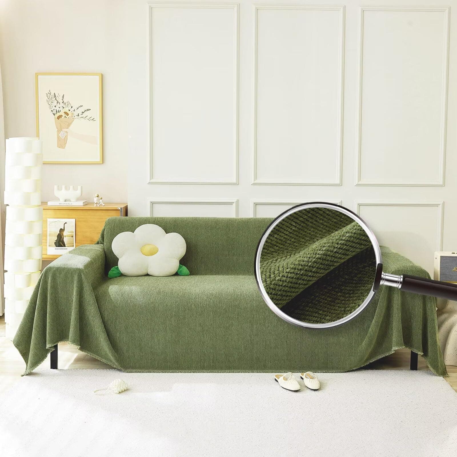 Boho Dark Green Herringbone Stripe Sofa Slipcover
