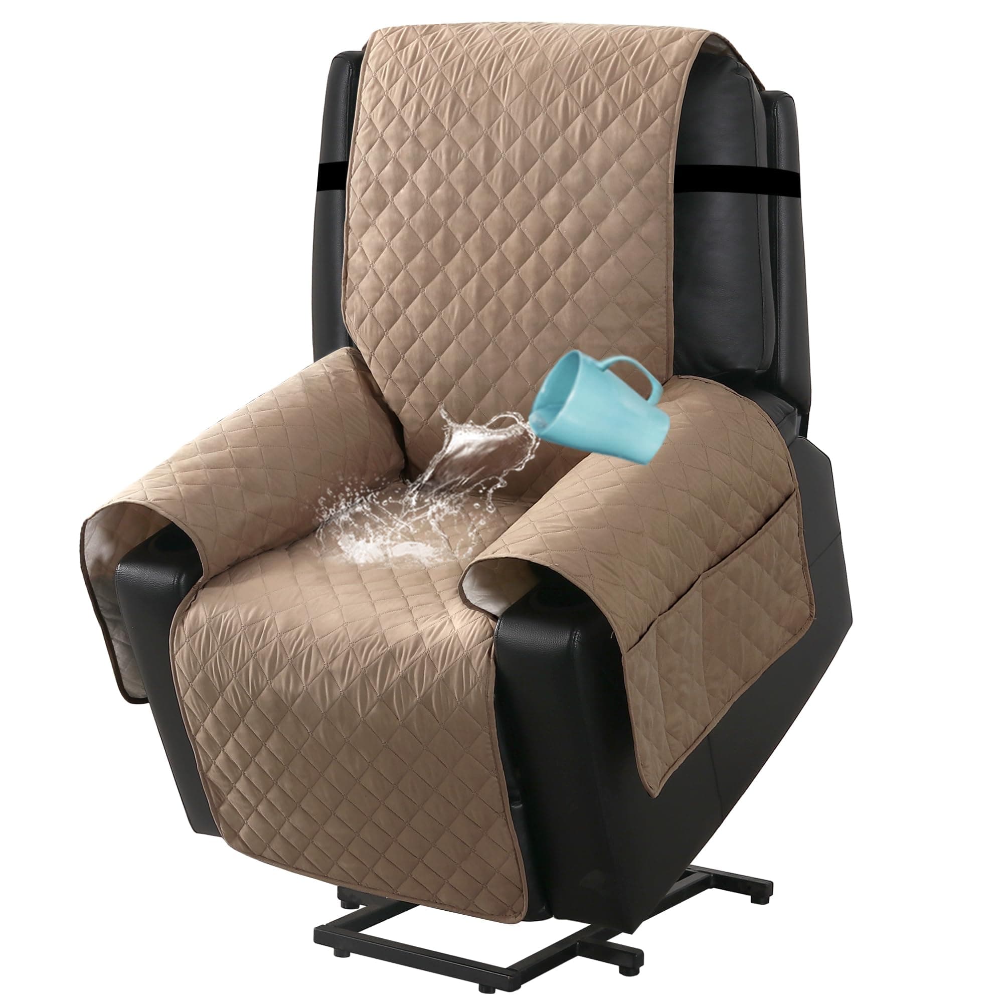 H.VERSAILTEX Khaki 100% Waterproof Power Lift Recliner Chair Cover, Non-Slip Side Pocket