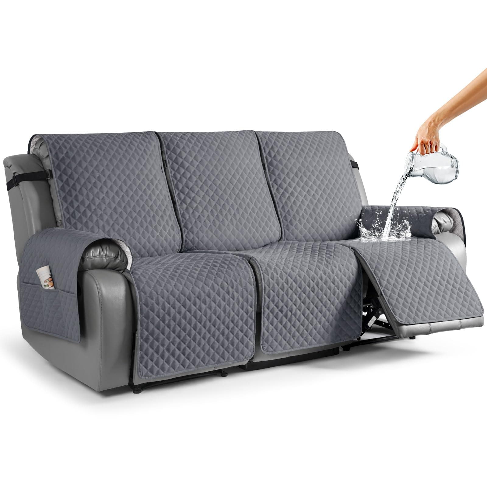 TAOCOCO Anti-Slip Leather Recliner Sofa Cover, 3 Seater, Dark Grey