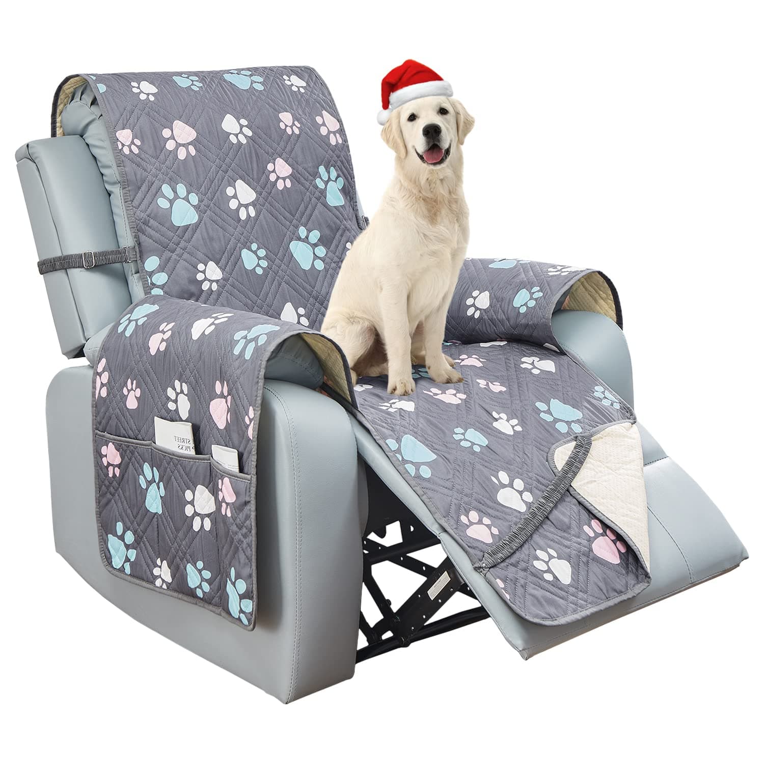 BOCTOPUG Reversible 23 Inch Grey+Colorful Paw Water Resistant Recliner Sofa Slipcover