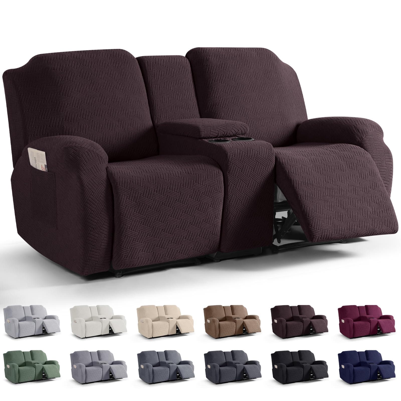 KinCam Loveseat Recliner Slipcover with Middle Console, Chocolate Stripe Protector (2 Seat Couch)
