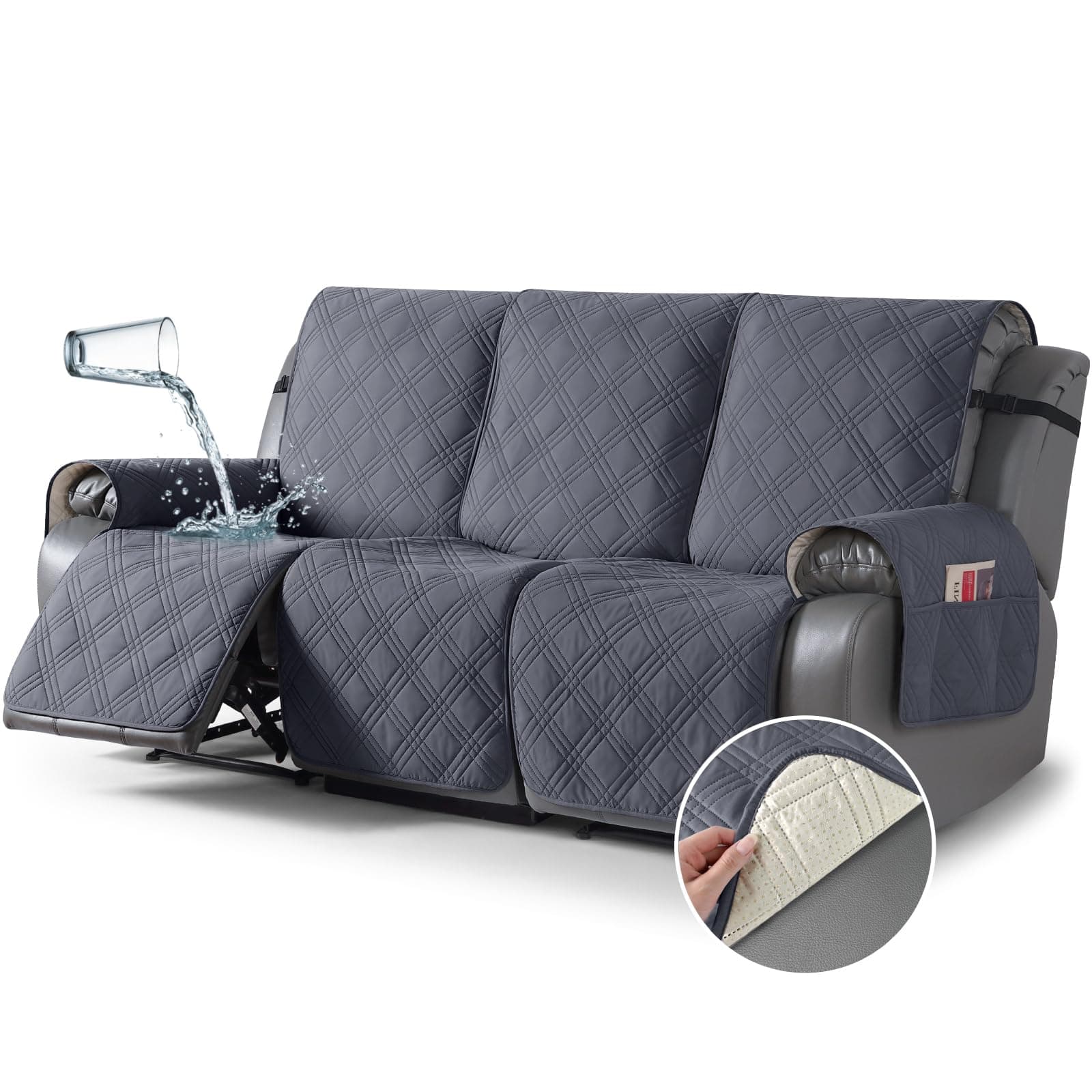 TAOCOCO Waterproof Recliner Sofa Cover, Dark Grey, 3 Seater
