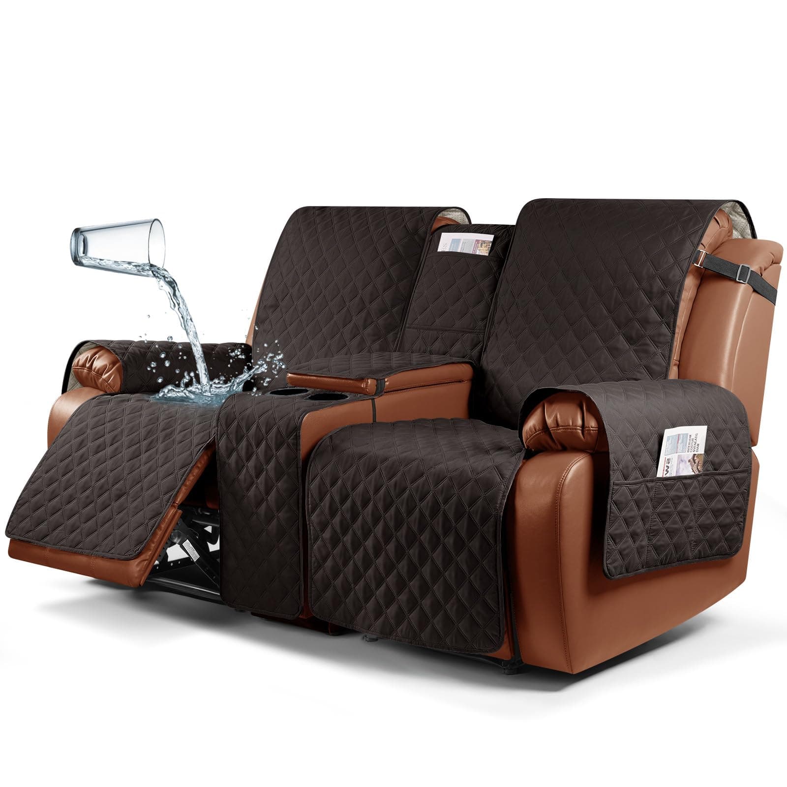 Ruaozz Waterproof Recliner Loveseat Cover with Console, Dark Coffee
