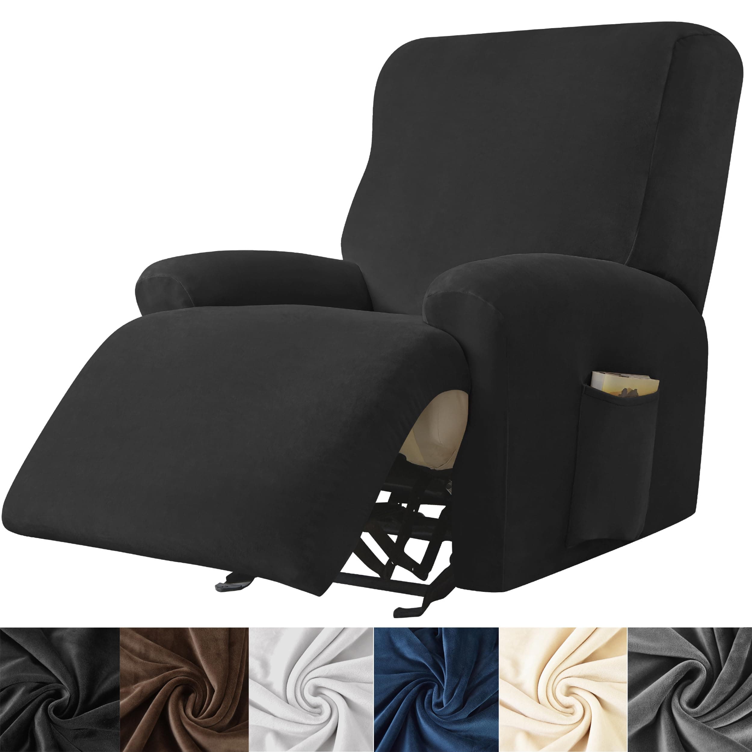 HFCNMY Stretch Velvet Recliner Cover, 4 Pieces, Thick, Elastic Bottom, Black