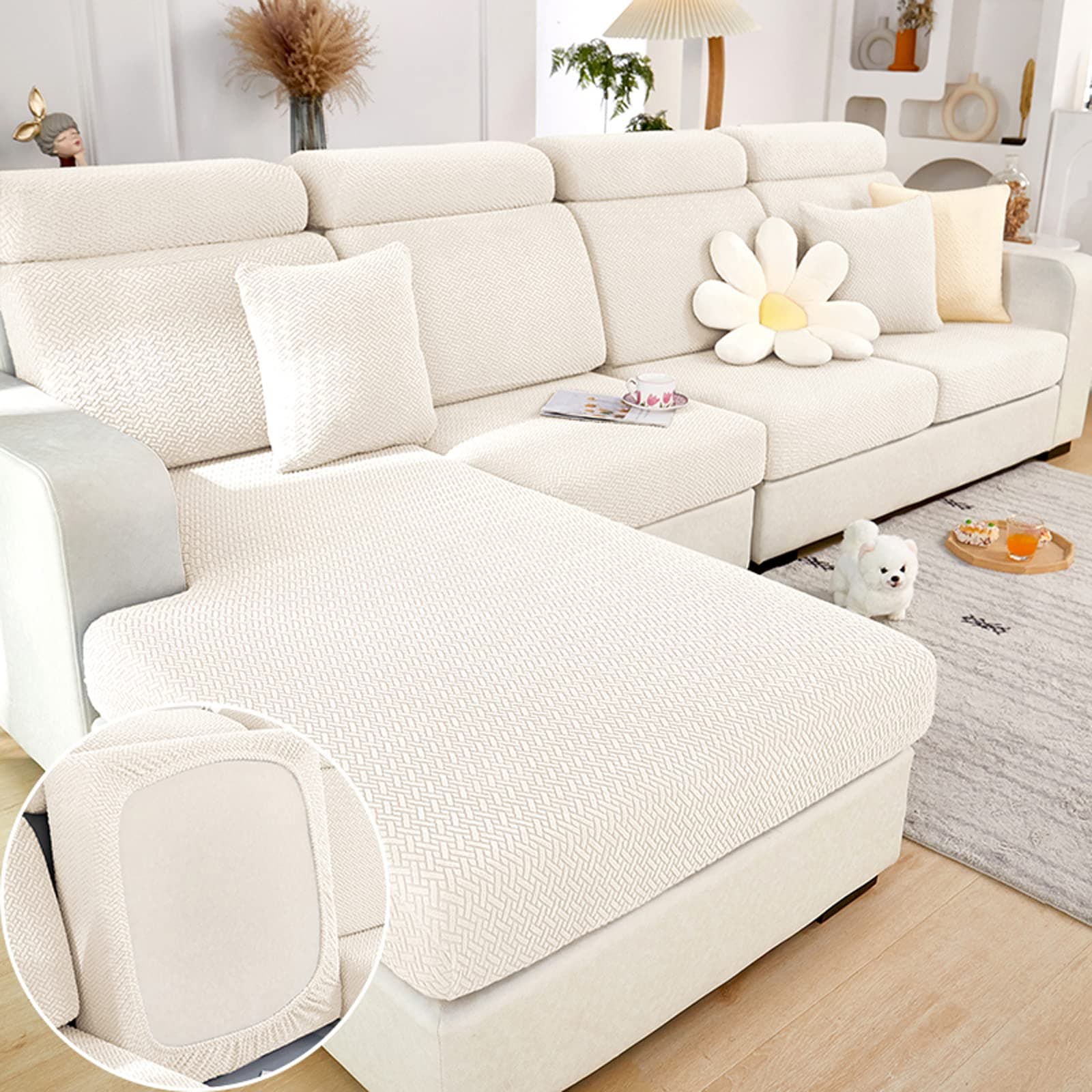 Wear-Resistant L Shape Sectional Couch Cover, Pet Protector for Cats and Dogs (Weave White, Large)
