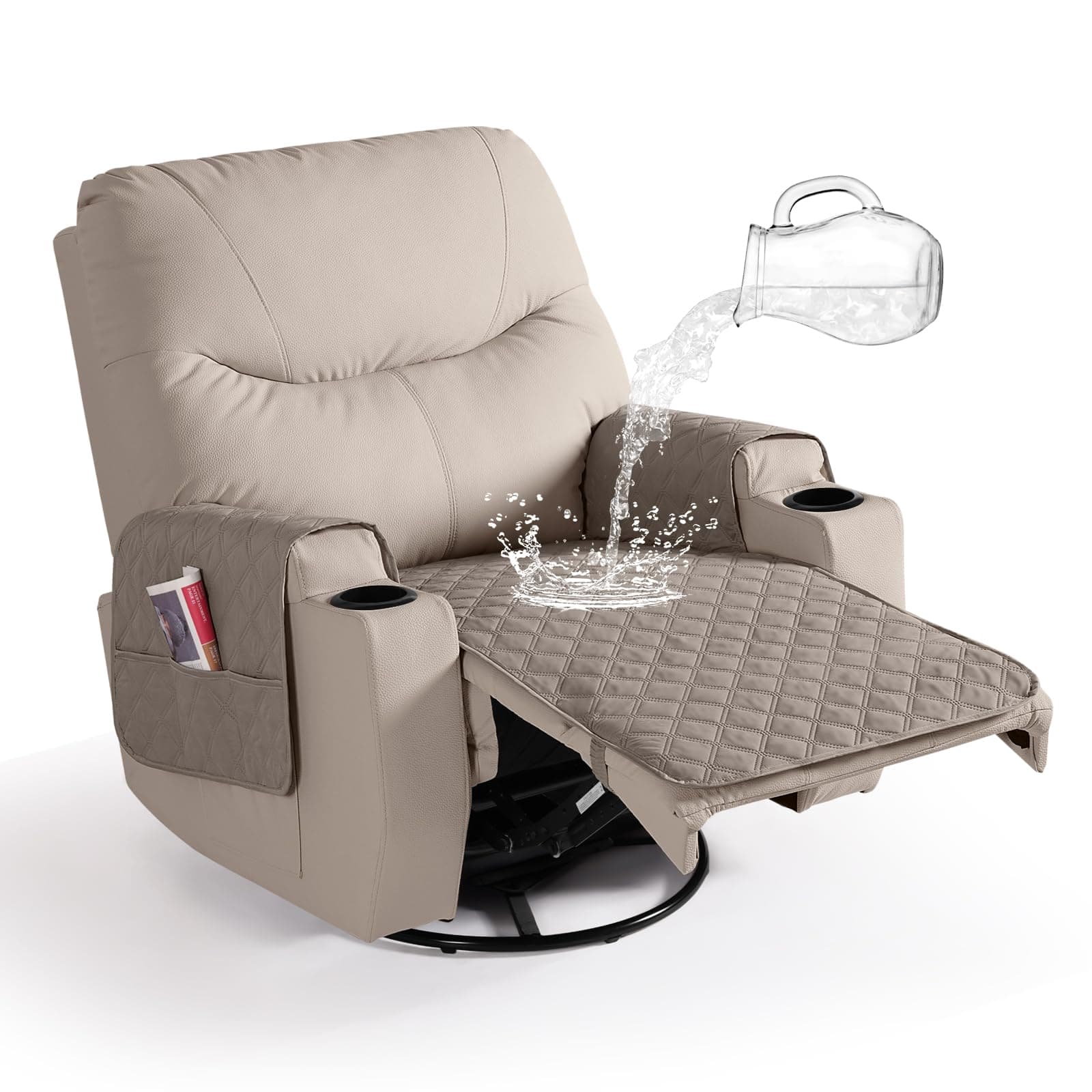 Waterproof Recliner Chair Covers: Non Slip, Washable, with Pocket (Khaki)