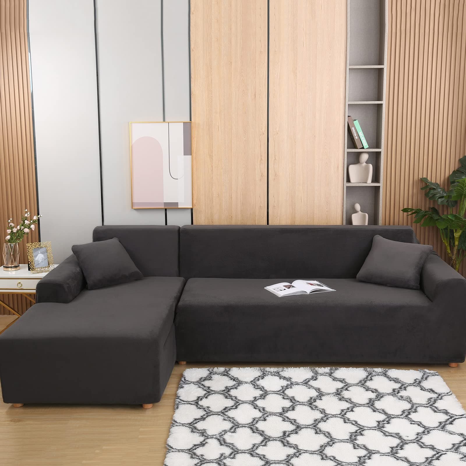 Dark Grey Velvet Stretch Couch Covers for 3+3 Seater L-Shaped Sectionals (Anti-Slip)