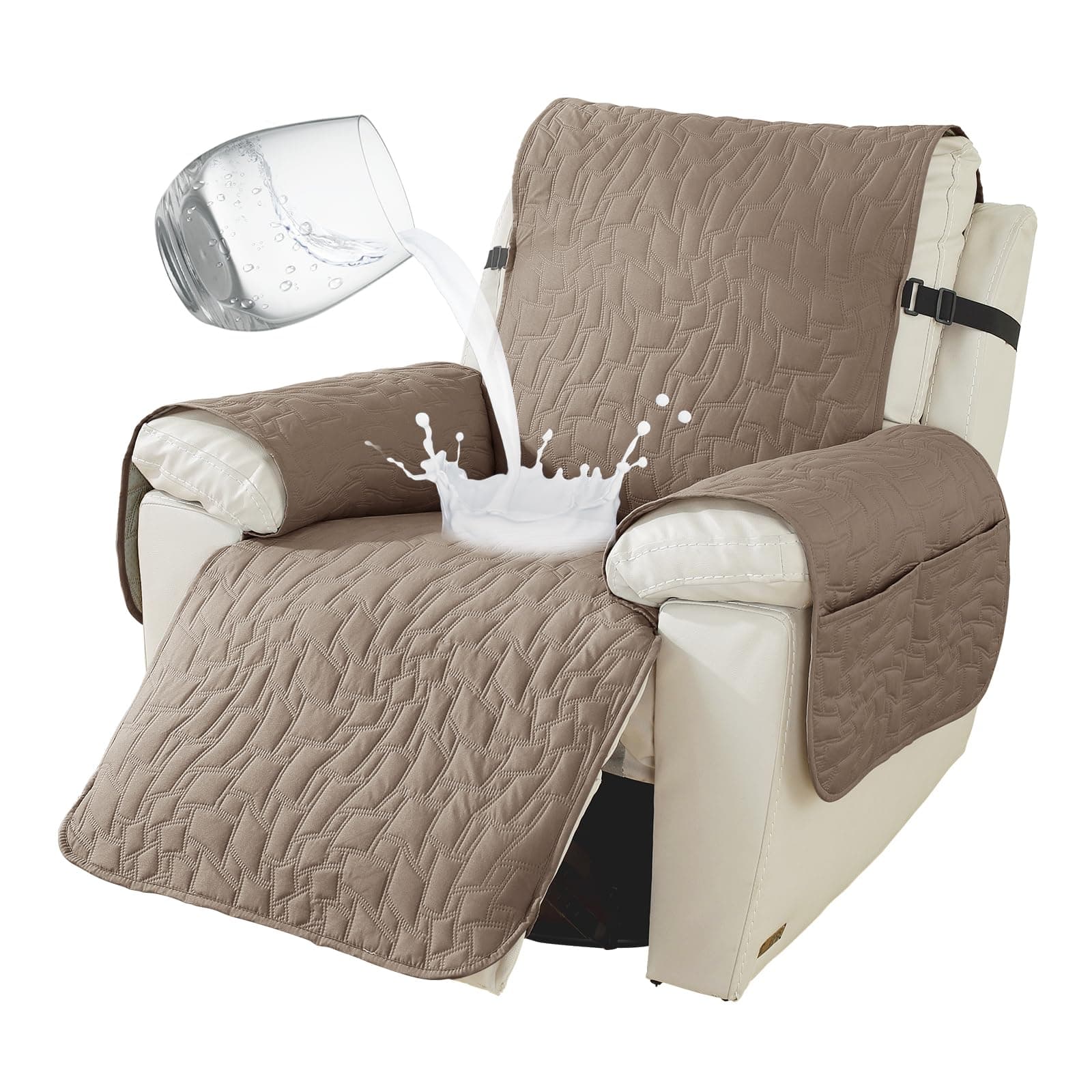 100% Waterproof Recliner Chair Covers, Non-Slip & Pockets for Kids & Pets, Khaki, 23IN