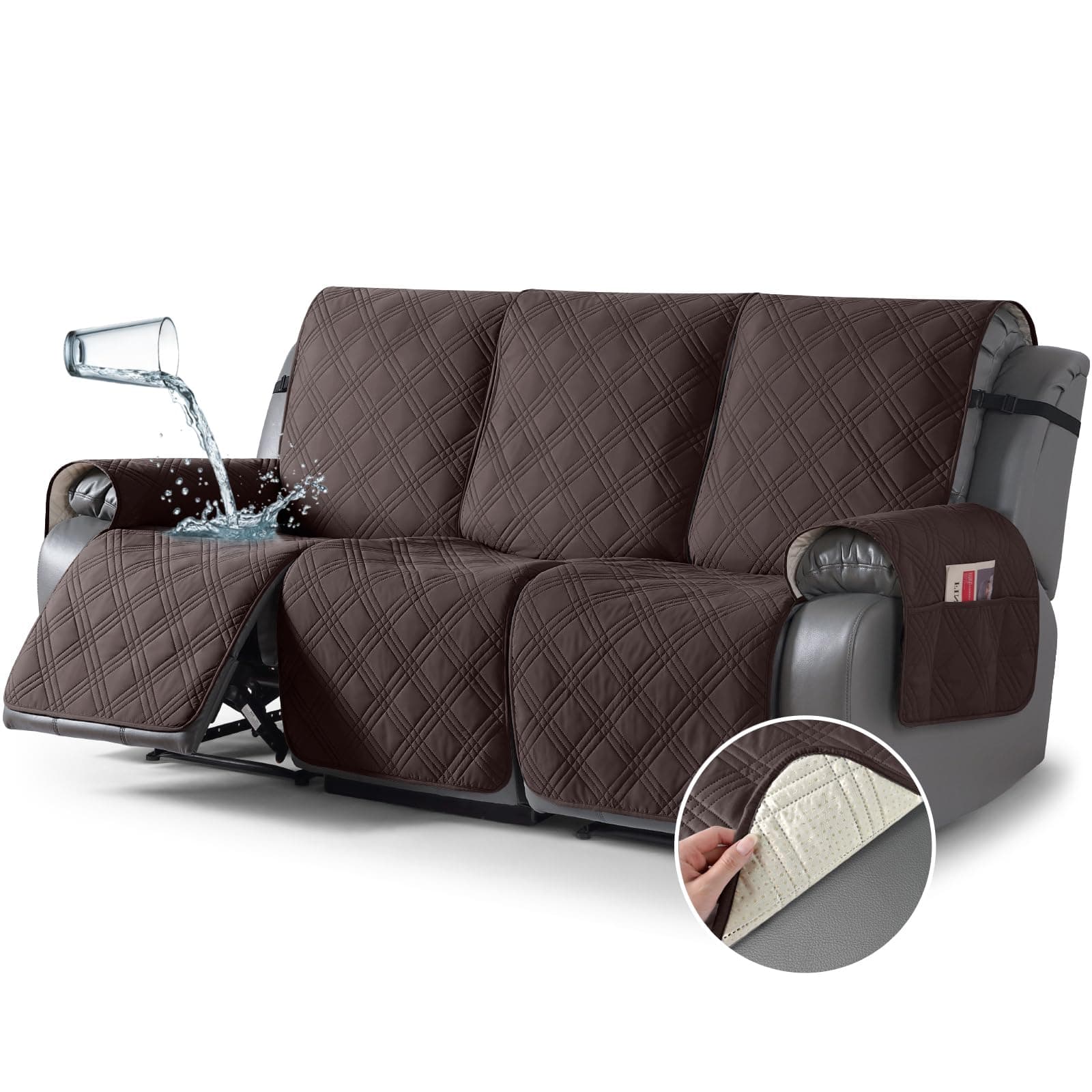 Waterproof Recliner Sofa Cover for 3 Seat Couch - Non Slip, 3-Piece with Straps, Washable - Kids and Pets (3 Seater, Chocolate)