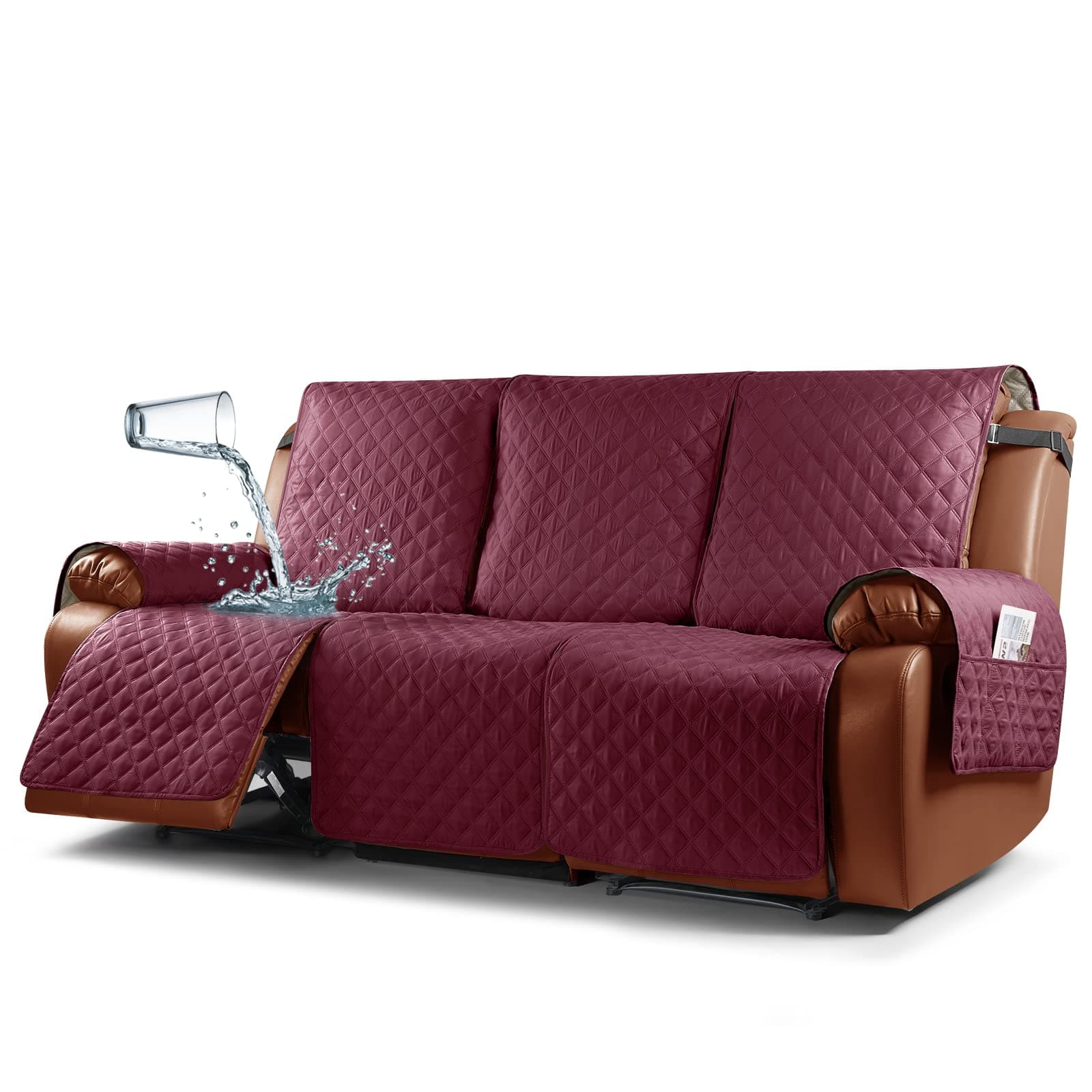 Ruaozz Waterproof Recliner Sofa Cover with Elastic Straps and Pocket for Kids, Dogs, Pets (Wine, 3 Seater)