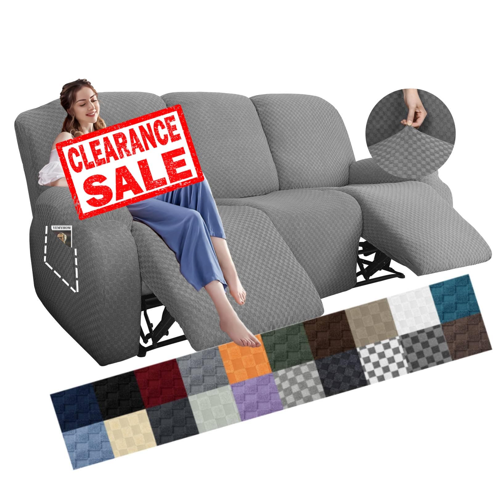 YEMYHOM Stretch Recliner Sofa Cover with Side Pocket, Light Gray, 8 Pieces