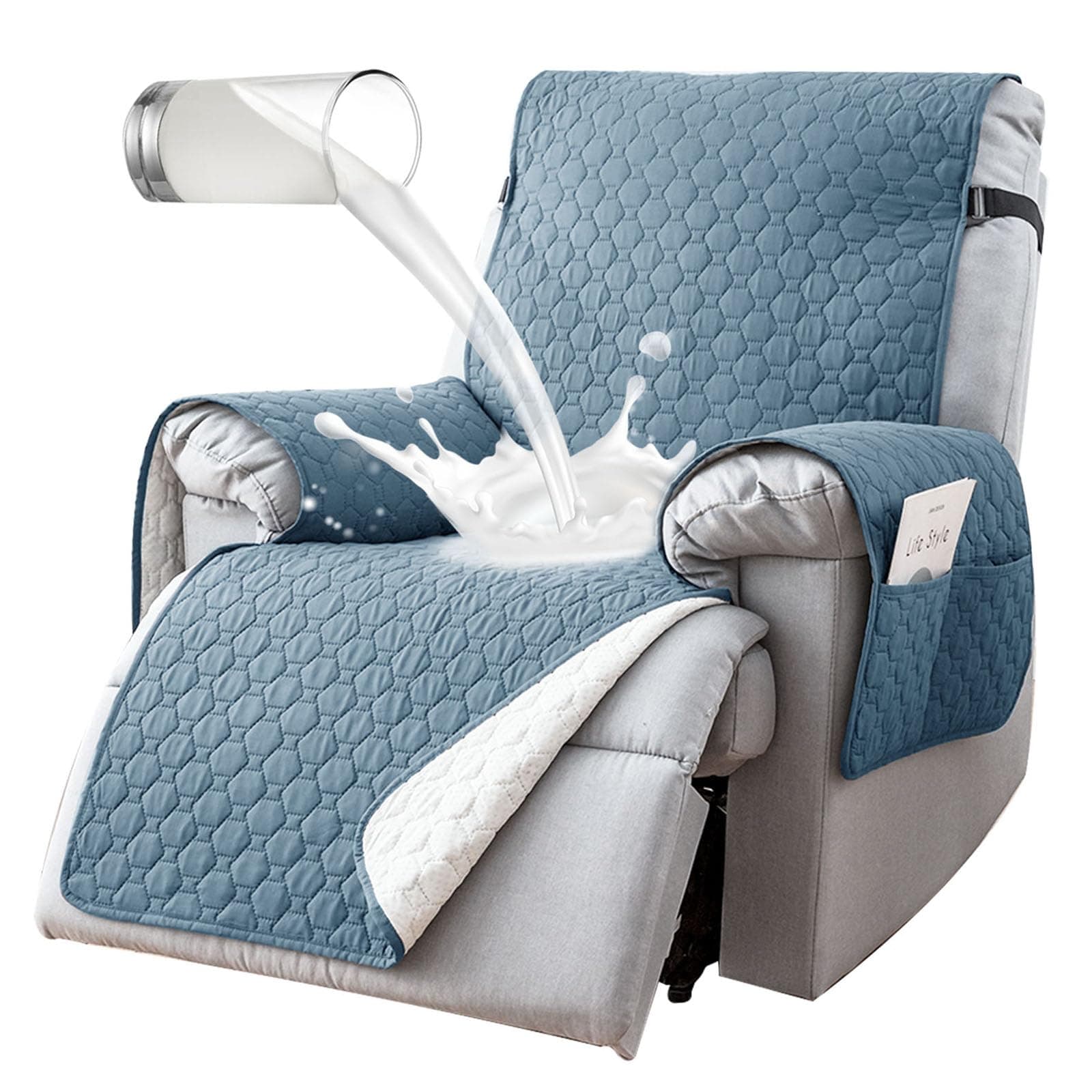 100% Waterproof Non-Slip Recliner Cover with 5 Pockets, Gray Blue