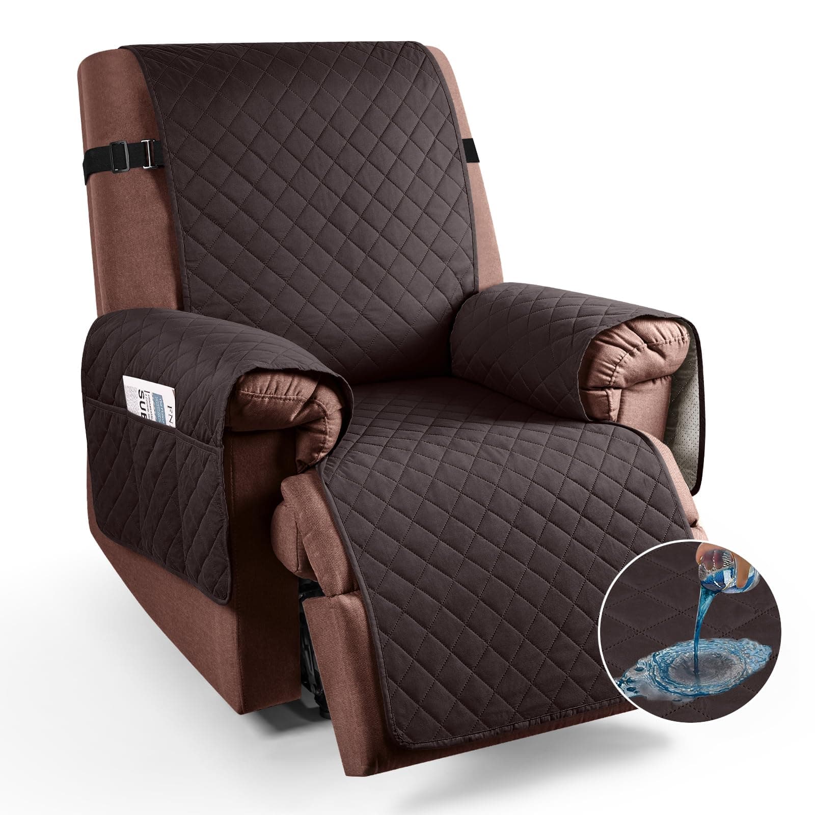 KinCam 100% Waterproof Recliner Chair Cover with Elastic Straps (23.6", Chocolate)