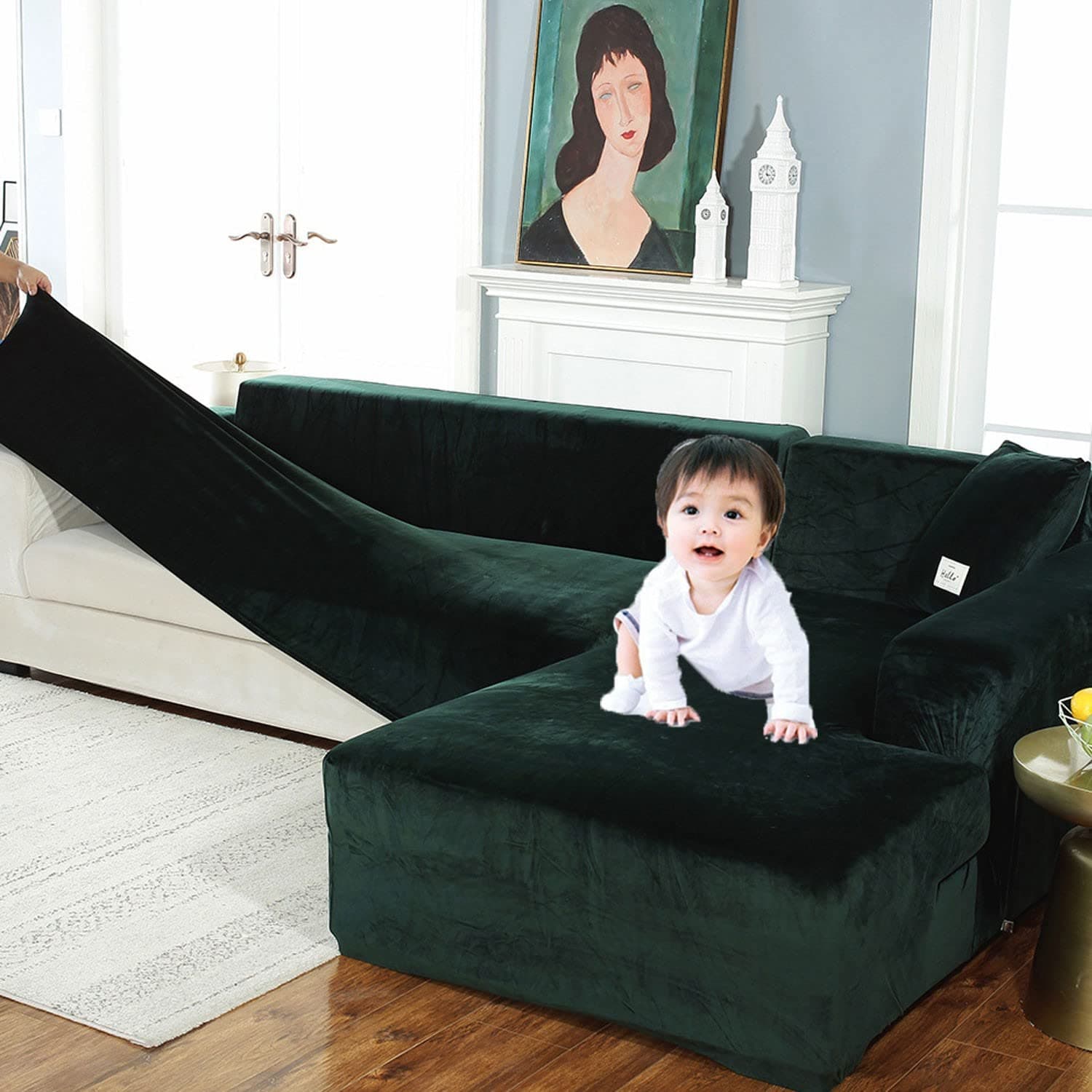 L Shape Stretch Sofa Slipcover for 3 Cushion Couch (Green, 3+3 Seat)