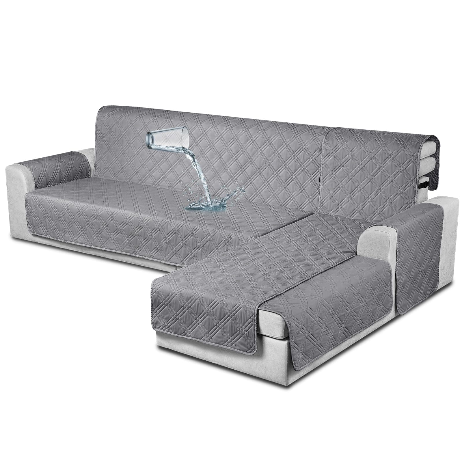 TAOCOCO Waterproof L-Shaped Sectional Sofa Covers, Large Gray, Reversible, Pet & Kids Protection