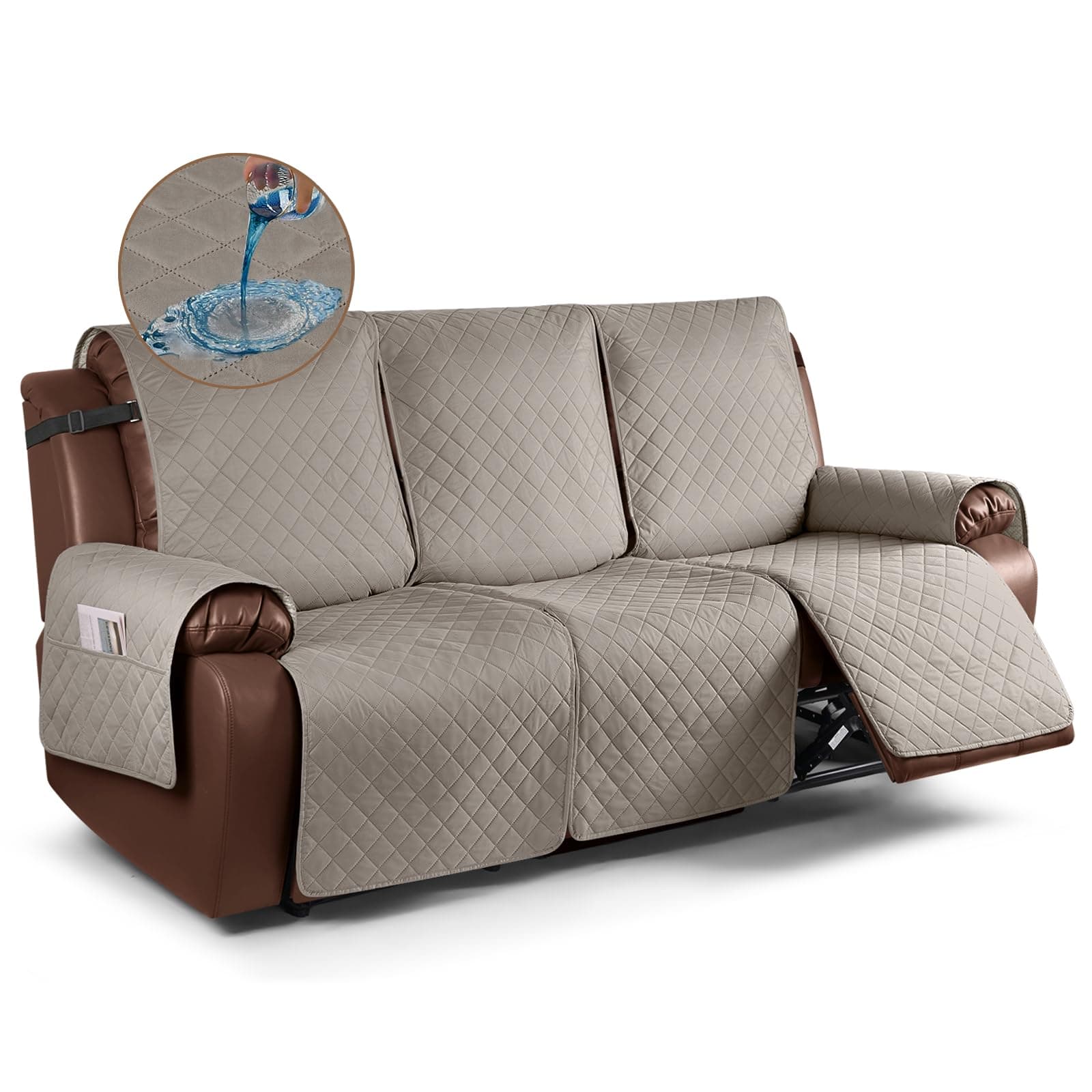 KinCam Waterproof Recliner Sofa Cover, Khaki, 3 Seat Recliner Furniture Protector