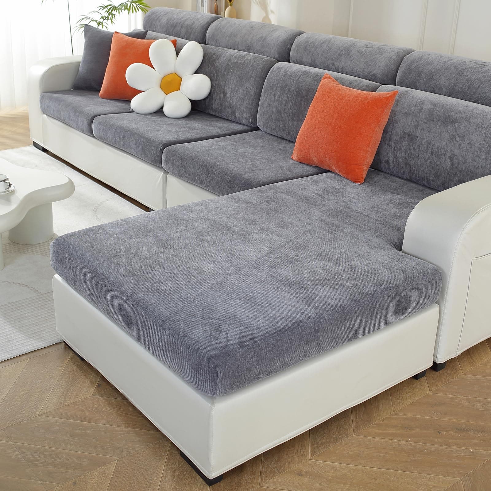 Dark Grey Stretch Chaise Cushion Cover for L-Shaped Couch
