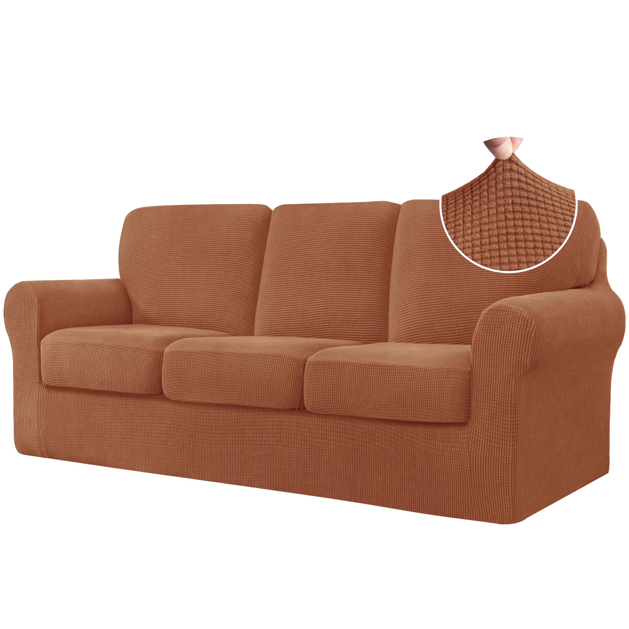 CHUN YI 7 Piece Stretch Couch Cover, 3 Seater with Elastic Backrests and Cushions(Large, Brick)