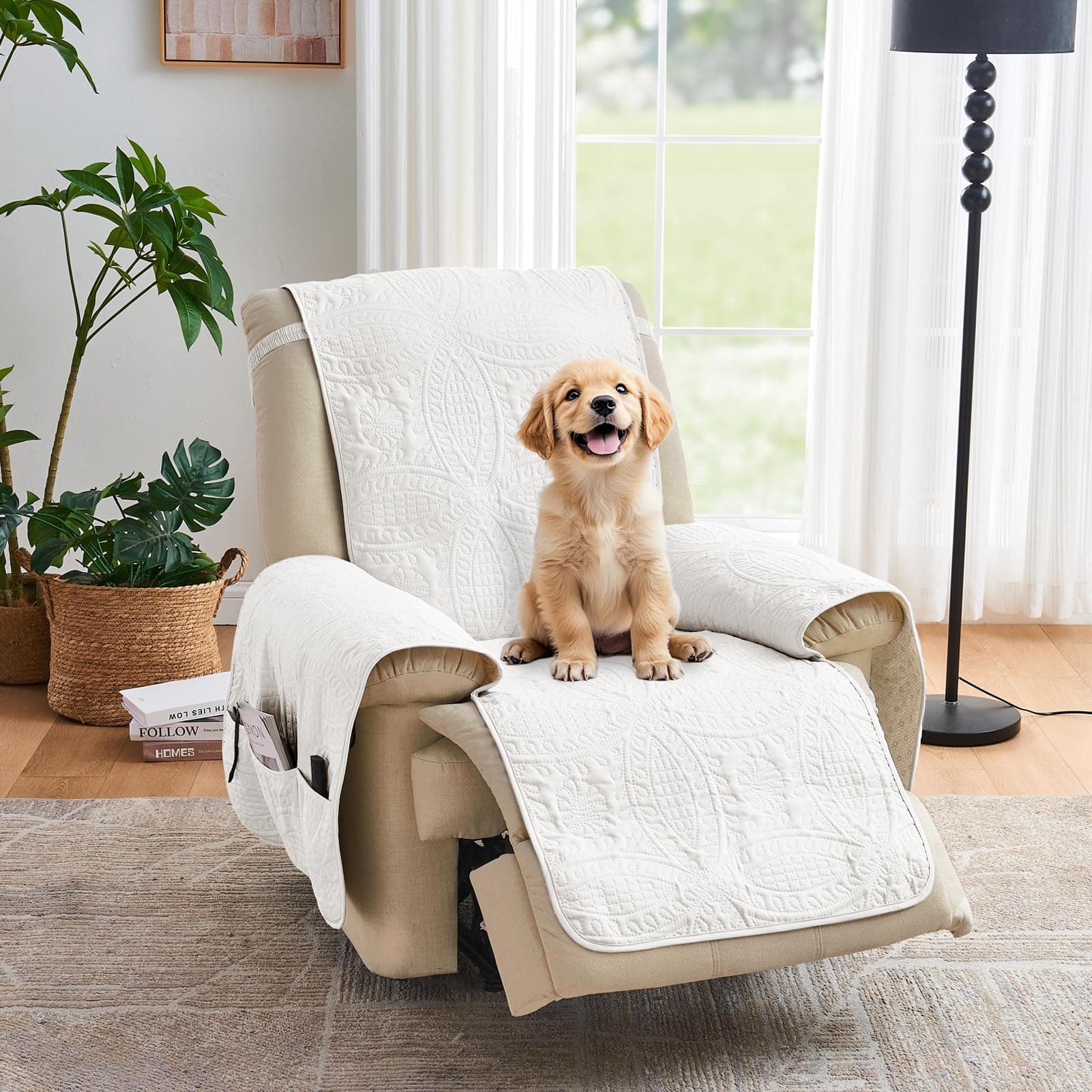 Water-Repellent White Recliner Slipcover, Stay-In-Place Pet-Friendly Washable Cover (22")