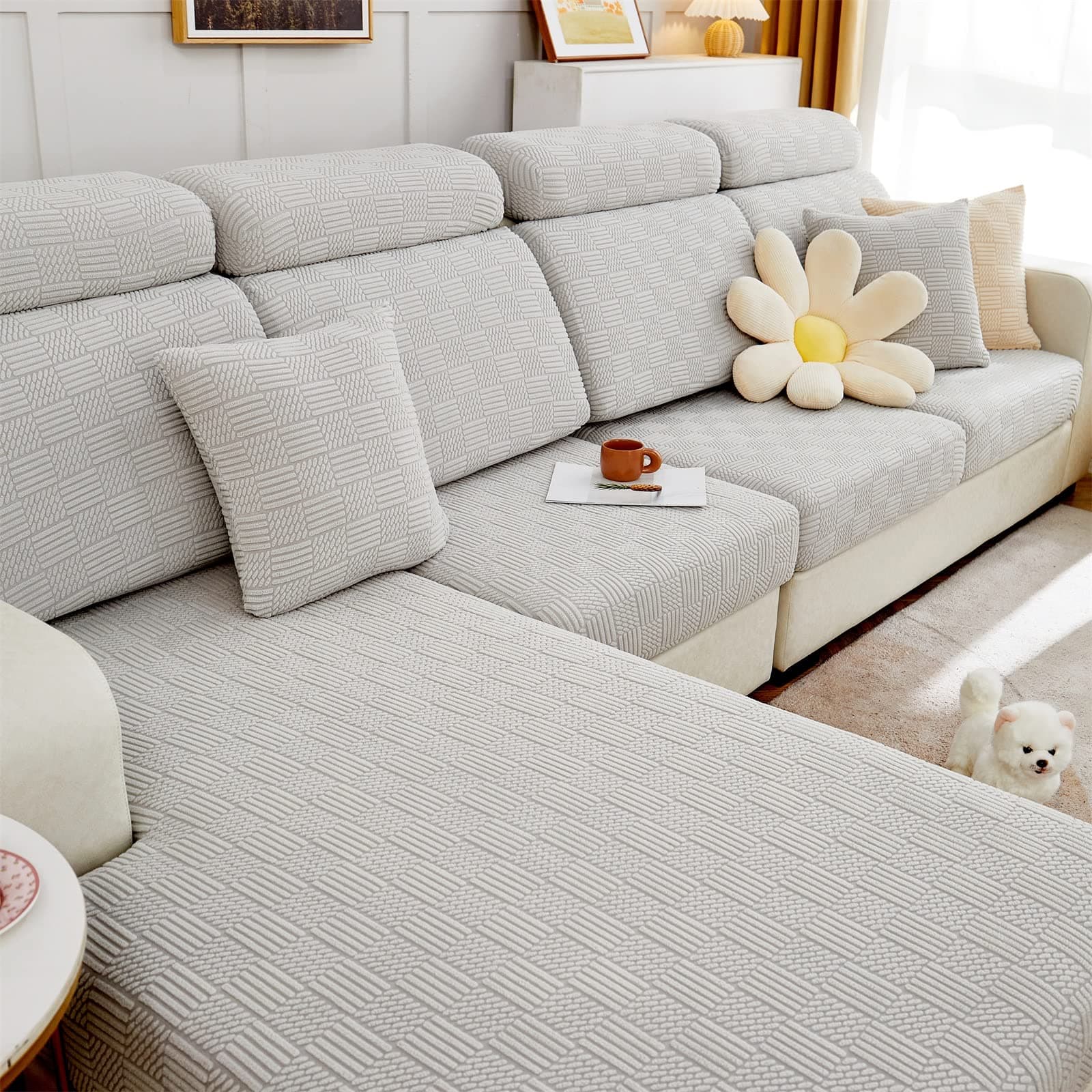 Elastic Couch & Sectional Slipcovers L-Shaped Chaise Grey/White Living Room Furniture Protector