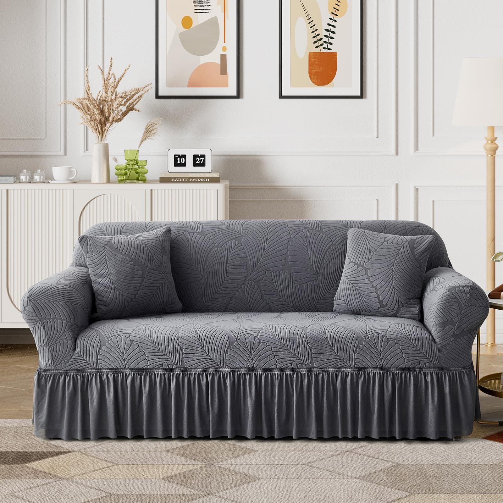 WONGS BEDDING Stretch Velvet Sofa Slipcover, Dark Gray, Pet Friendly