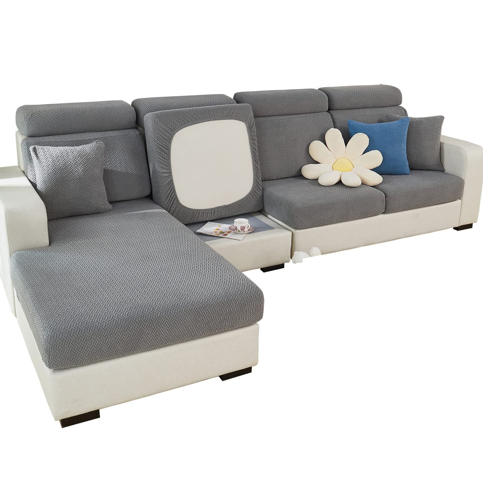 2025 Wear-Resistant Stretch L-Shaped Chaise Lounger Sofa Covers (Weave Grey)