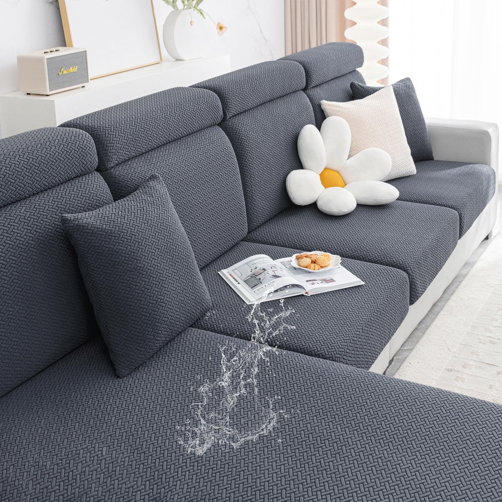 Smiry L Shape Chaise Lounge Sofa Slipcover, Grey