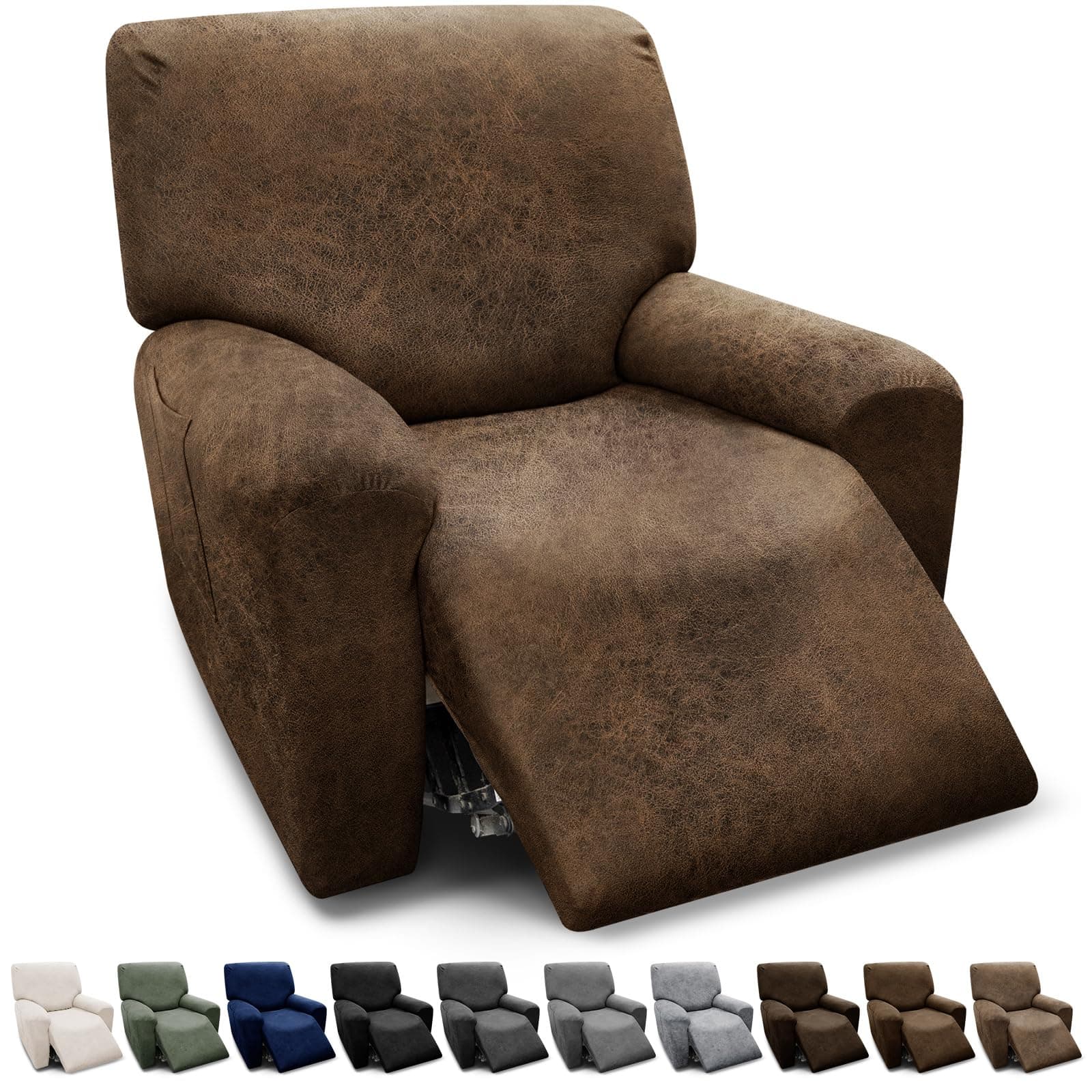 Brown Leather Look Recliner Chair Cover 4-Pieces Slipcover with Pockets