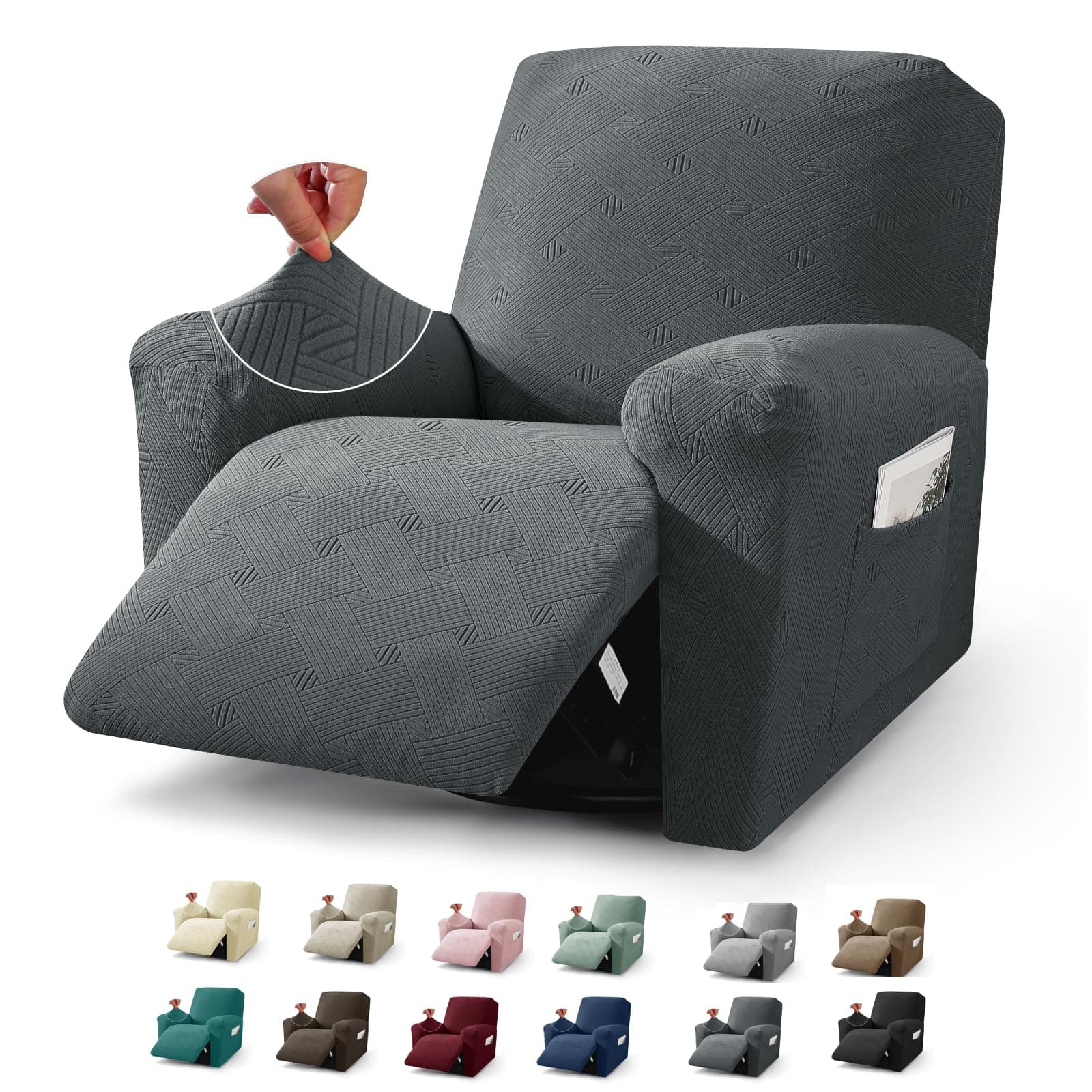 JIVINER Dark Gray Recliner Chair Covers, 3 Pieces Stay in PlaceStretch Cover for Washing Recliner Seat with Pockets