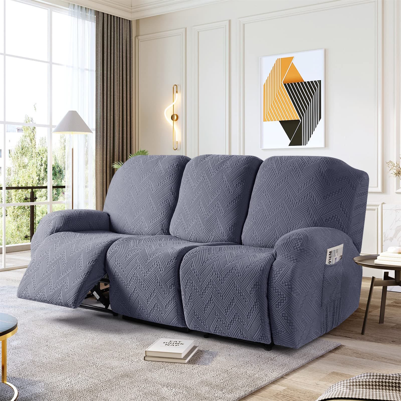Stretch 3-Pieces Recliner Sofa Covers with Pockets, Blue Gray