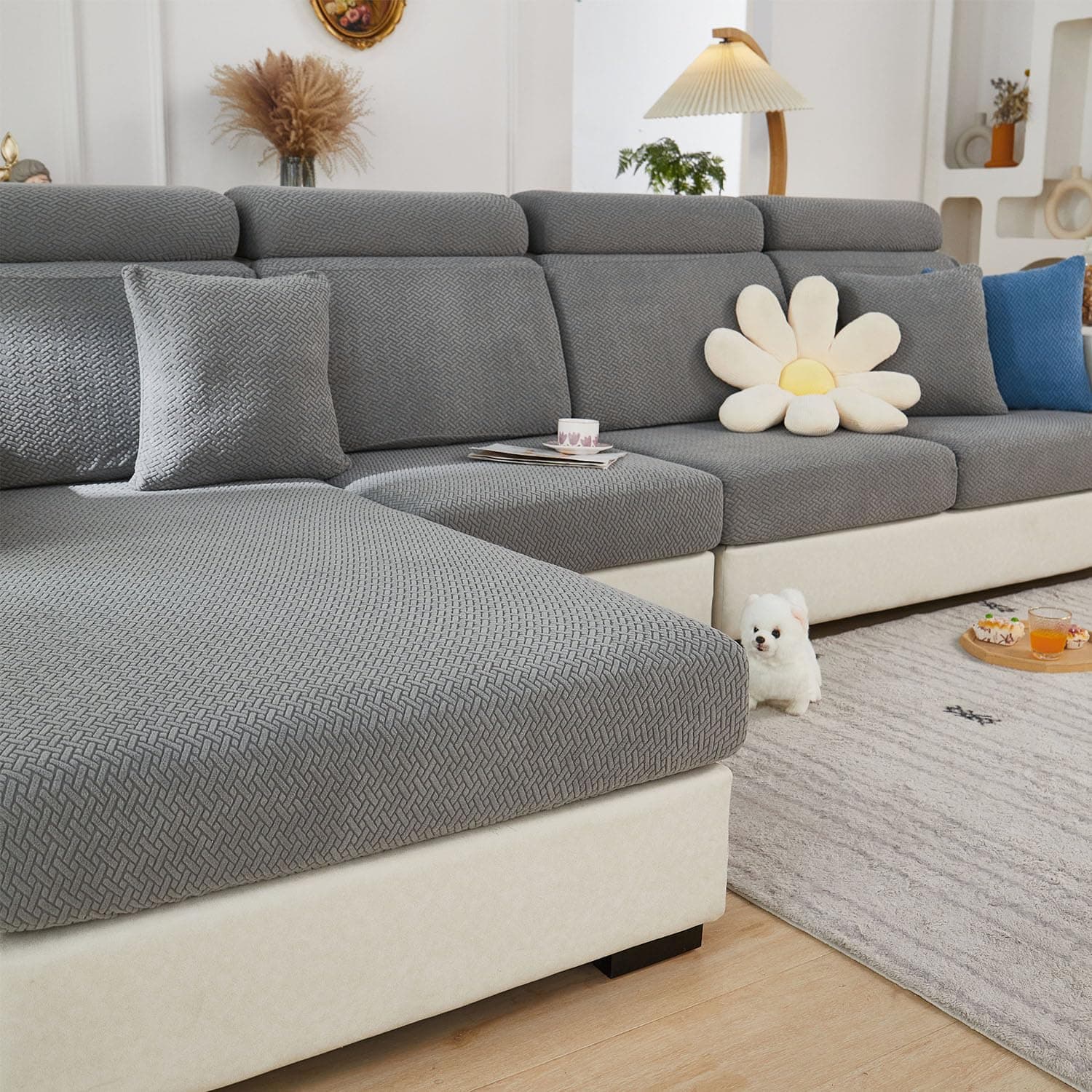 Texture Gray Headrest Slipcover for Sectional Sofa