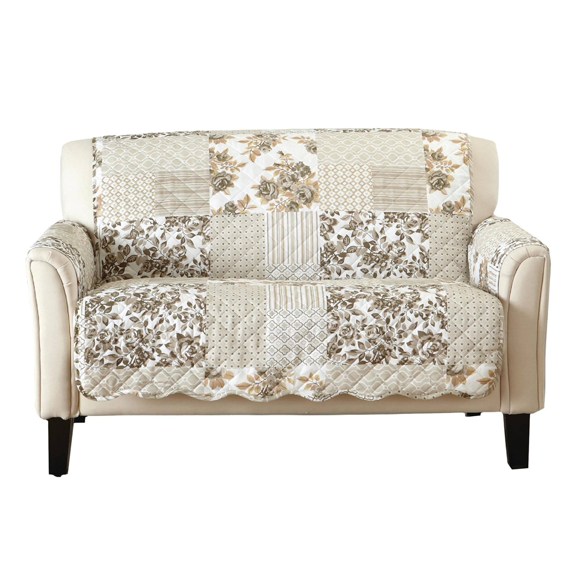 Great Bay Taupe Patchwork Scalloped Furniture Protector for Loveseat