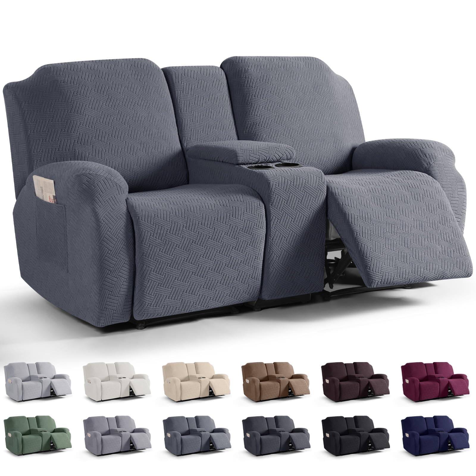 KinCam Loveseat Recliner Slipcover with Middle Console, 2 Seat Couch Protector (Dark Gray)