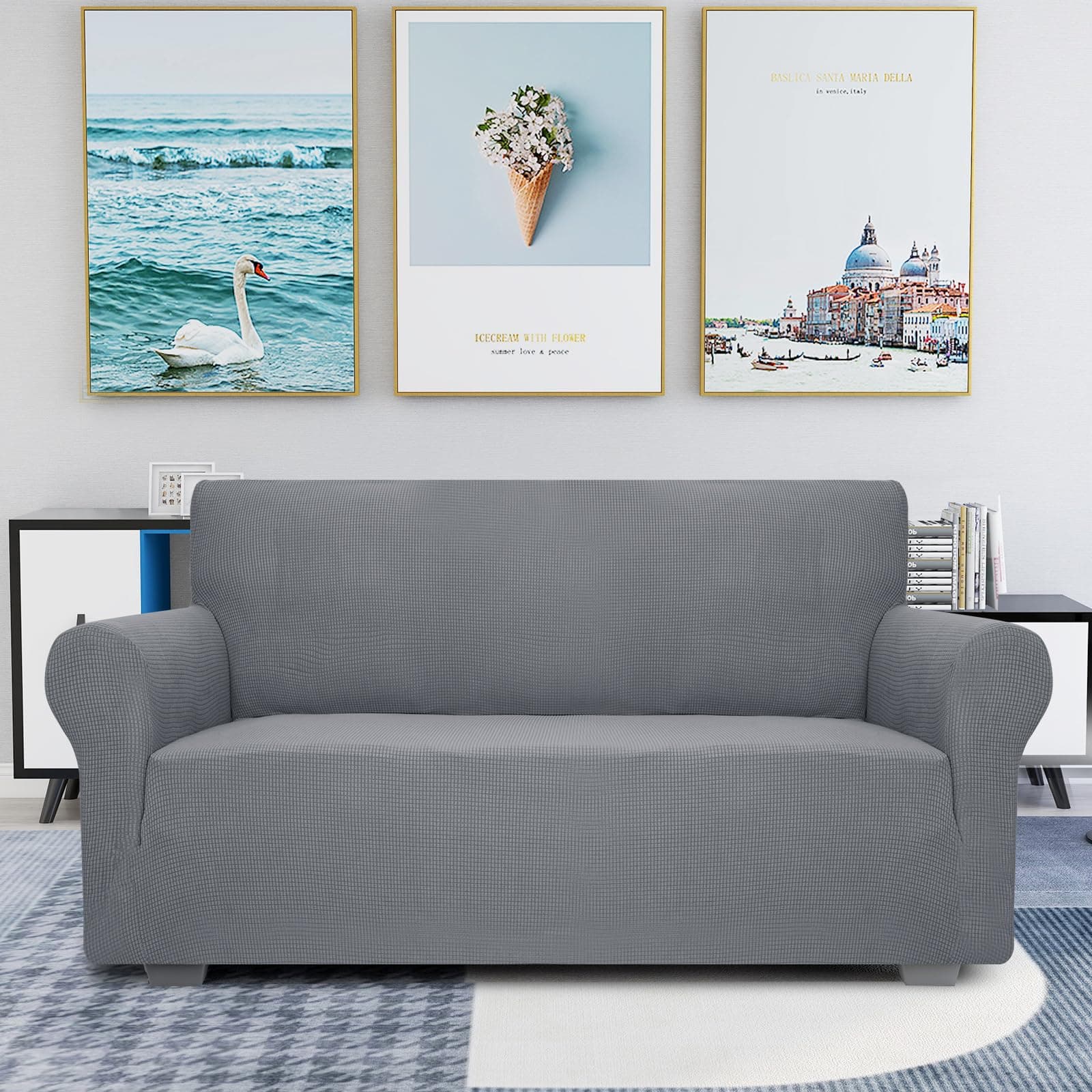 JIVINER High Stretch Loveseat Sofa Slipcover Light Gray Small Checks